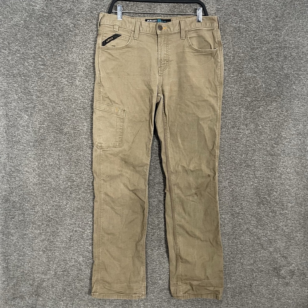 Ariat Pants Mens 33x34 Beige Rebar M7 Slim Straight Carpenter Workwear Canvas